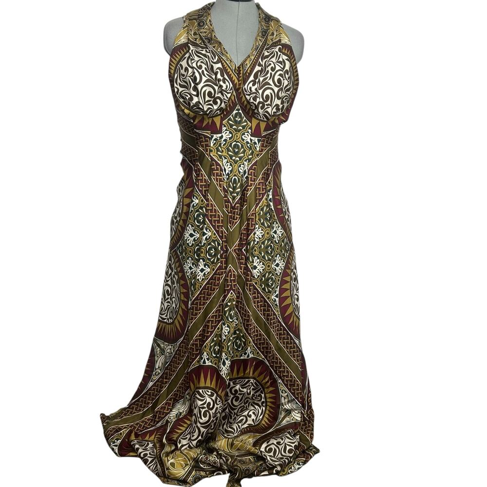 100% Silk Olive & Burgundy Patterned Halter Neck Maxi Dress/Gown Size 6